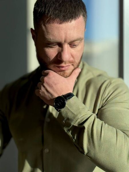 Чоловіча класична сорочка з натурального льону , Хакі, 48 (S)